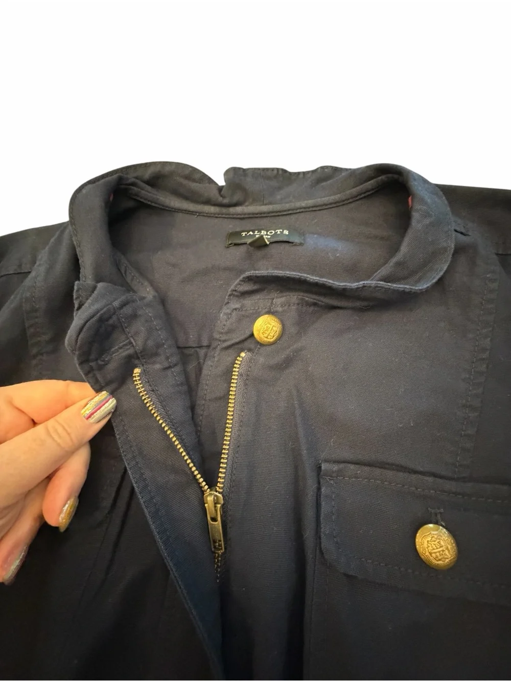 Talbots Navy Blue Utility Jacket Zip Up Military Gold Snaps 4 Pockets 20W Preppy